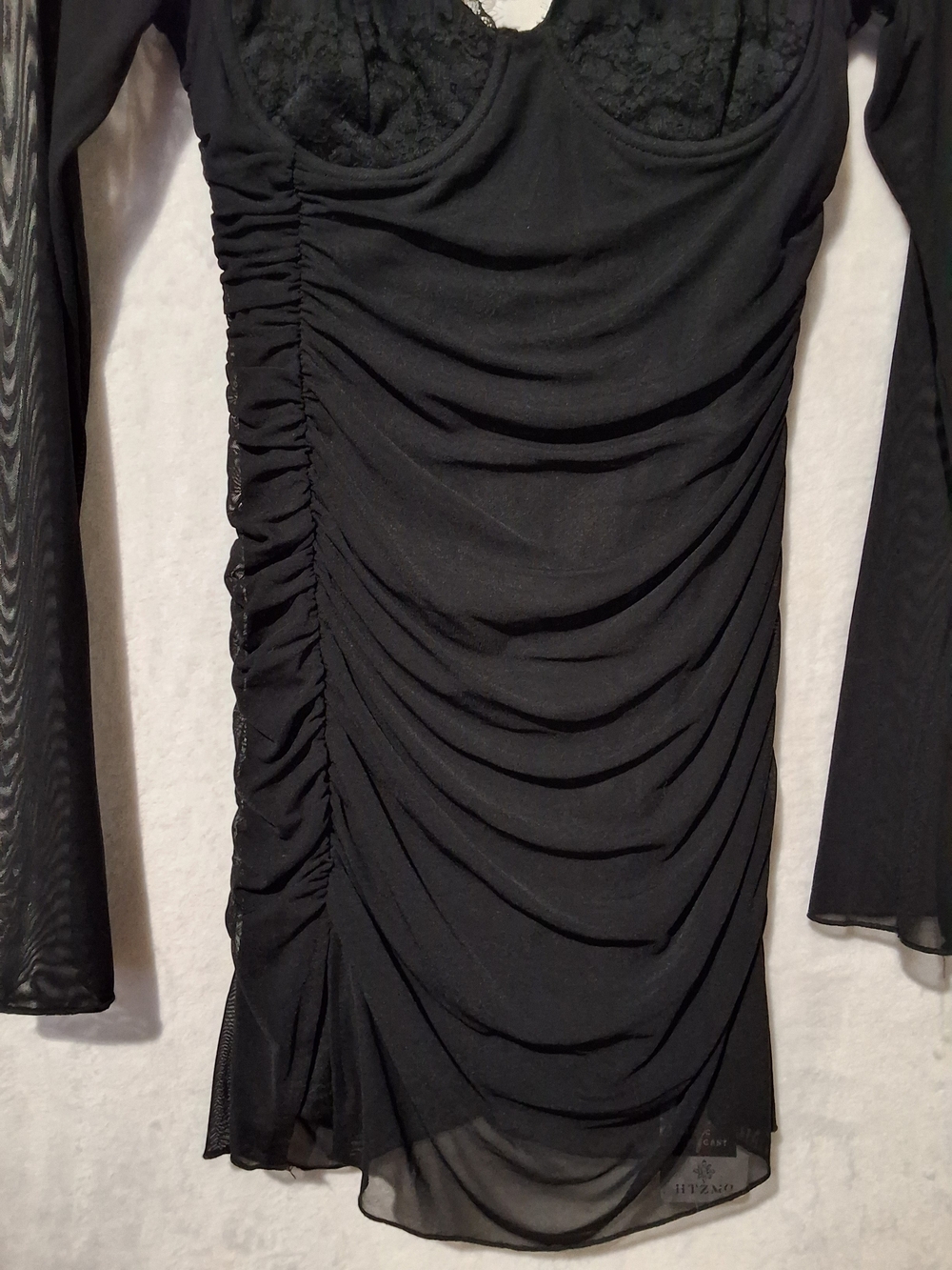 Women’s Long Sleeve Black, Ruched, Lace & Mesh Dress - Picture 4 of 12